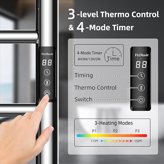 P&Dlusir Towel Warmer, Heated Towel Rack with Smart Timer and Thermo Control, Wall-Mounted Heated Towel Rail, Stainless Steel, Hard-Wired/Plug-in, Polished, 8 bar