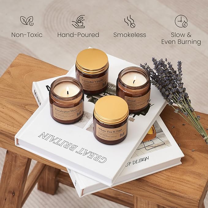 M&SENSE 4 Pack Candle Gift Set, Scented Candle Sets for Men and Women, Soy Wax Candles Home Scented, Long Lasting Amber Jar Candles for Mother's Day, Christmas, Holiday