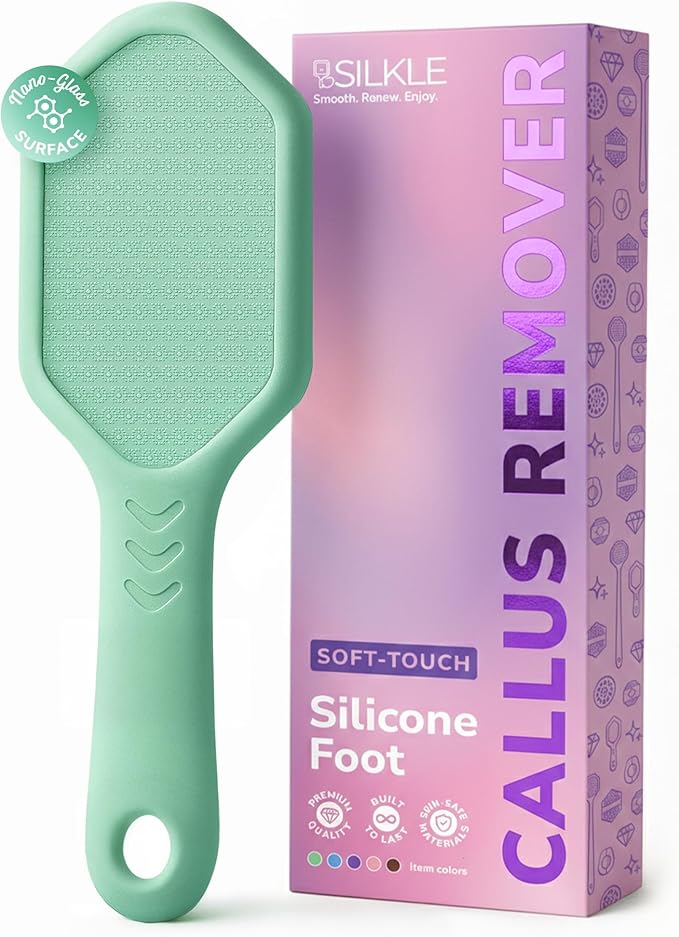 SILKLE Nano Glass Foot File - Silicone Foot Callus Remover for Feet and Cracked Heels - Heel Scraper for Dead Skin - Ergonomic Foot Scrubber & Exfoliator for Shower with Non-Slip Grip - Green