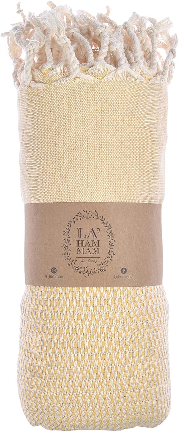 Beach Towel | Cotton Beach Towels, Easy to Carry, Sand Free, Highly Absorbent, Quick Dry, Turkish Towels for Travel Camping Bath Sauna Beach Gym Pool Yoga SPA by Lahammam, Akasya, Yellow