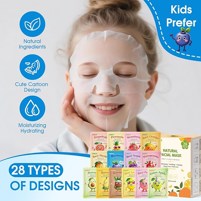 KONEUK 28 Pack Fruit Face Masks Skincare for Kids Girls, Sheet Collagen Face Mask for Women Skin Care, Bulk Hydrating Facial Mask for All Skin Types, Mothers Day Gifts and Party Spa Gifts for Teens