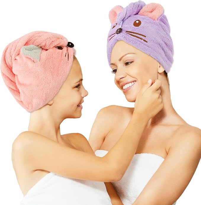 Whaline 2 Pack Parent-Child Quick Dry Hair Towel Cute Mouse Hair Towel Wrap Purple Pink Cotton Hair Turban Towels Super Absorbent Hair Drying Towel for Women Parent Kids Curly Long Thick Hair