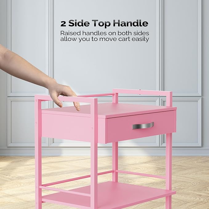 Salon Trolley Cart for Beauty SPA, Wooden Rolling Storage Station, Mobile Utility Cabinet with 1 Drawer 2 Trays, Medical Esthetic Supply Holder for Massage Tattoo Facials, Pink