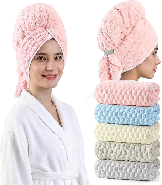 REDKISS 5 Pack Extra Large Hair Towels - Microfiber Hair Towel Wrap for Women, 23 x 47 inches Hair Towels with Elastic Strap, Super Soft Hair Drying Towels for Long, Thick, Curly Anti Frizz Turbans