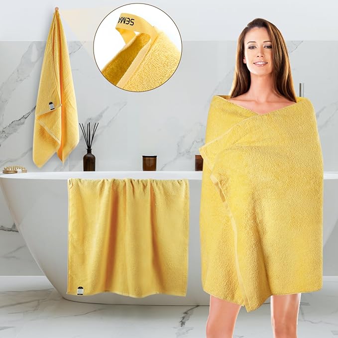 SEMAXE Yellow Bath Towel, 100% Cotton Bath Towel with Hanging Loop, 55 x 27 Inch, Soft Absorbent & Quick Dry, for Bathroom & Travel