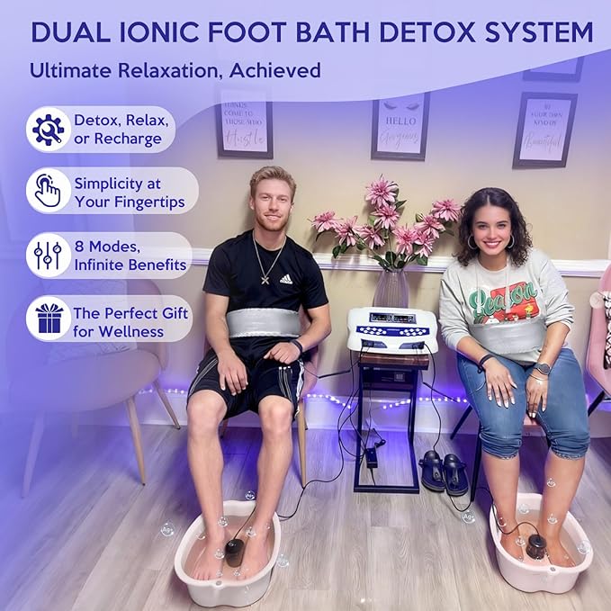 Veicomtech Dual Ionic Foot Bath Detox Machine, 2 in 1 Foot Detox Machine, Detox Foot Bath with LCD Display, Ionic Foot Spa for Two with Heating Belt and Wristband