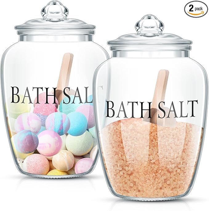 SiliFine 2 Sets 74 oz Bath Salt Container with Airtight Lid and Scoop Big Glass Jar with Wooden Scoop for Bath Flour Salt Candy Tea(Printed)