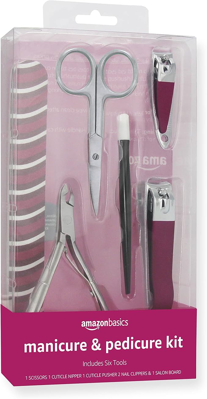 Amazon Basics 6-Piece Manicure and Pedicure Kit, Nail Care Grooming Tools with Cuticle Nipper and Nail Clippers