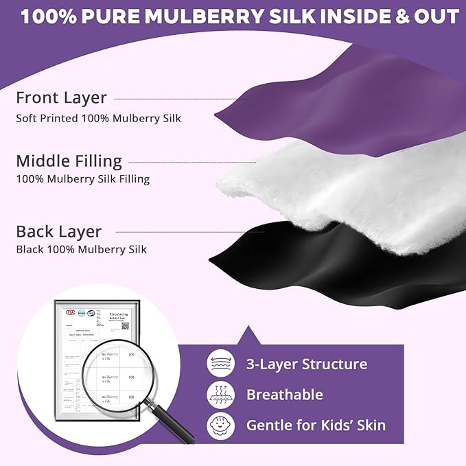 Kids Silk Sleep Mask: 100% Mulberry Silk Eye Mask with Adjustable Strap, Soft Blackout Boys Girls Sleeping Mask, Cute Printed Blindfold for Travel/School/Bed, Gift for Ages 5–15 (Purple Horse Style)