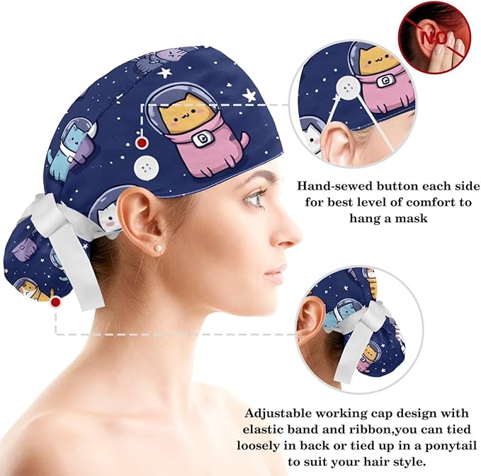 Scrub Caps Women Ponytail Cute Pink and White Leaves Caps Bouffant Working Hat Elastic Tie Back Hats with Button
