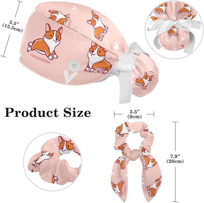 Adjustable Brown Dachshund Dog Blue Surgical Scrub Cap with Button,Sweatband for Women with Bow Hair Scrunchy