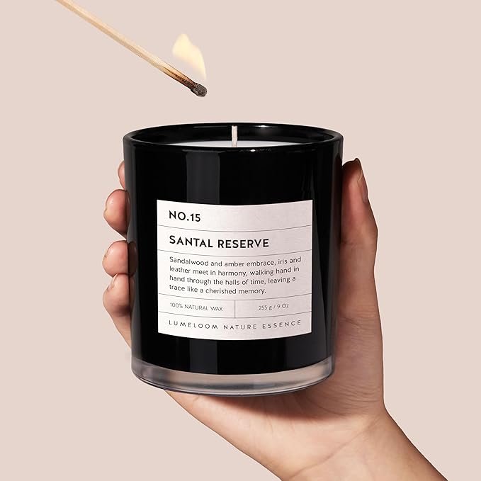 LUMELOOM Santal Reserve Luxury Scented Candles, 9oz Soy Wax Candles for Home Scented, Sandalwood, Amber, Iris & Leather Scent, Long Burning Time, Gifts for Women, Men, Nurse, Mothers Day, Teacher