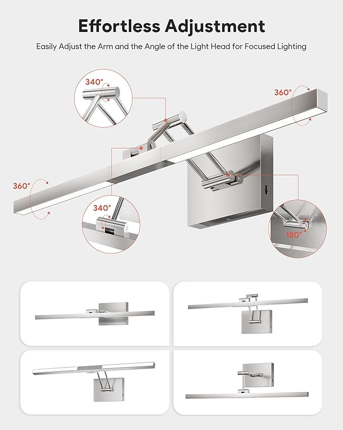VONLUCE 24" LED Bathroom Vanity Light, 3CCT Modern LED Vanity Lights with 360° Rotatable Head & Swing Arm, 10.3W Bathroom Light Fixture Over Mirror, LED Lights for Bathroom Bedroom, Brushed Nickel