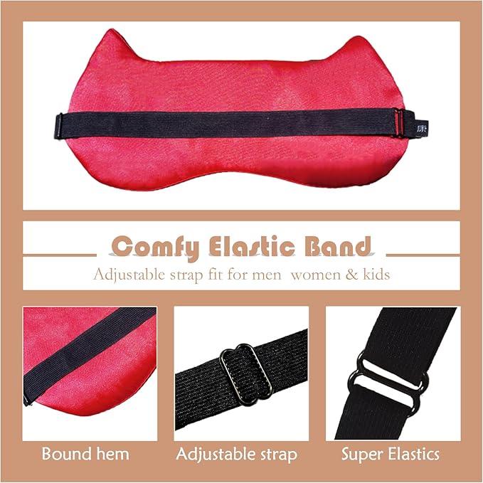 Cute Cat Sleep Mask for Kids (Red&Black), 2 Pack Silk Sleeping Eye Cover Adjustable Mask Night Eyeshade Cover for Girls Boys Women Men Sleep Travel Party