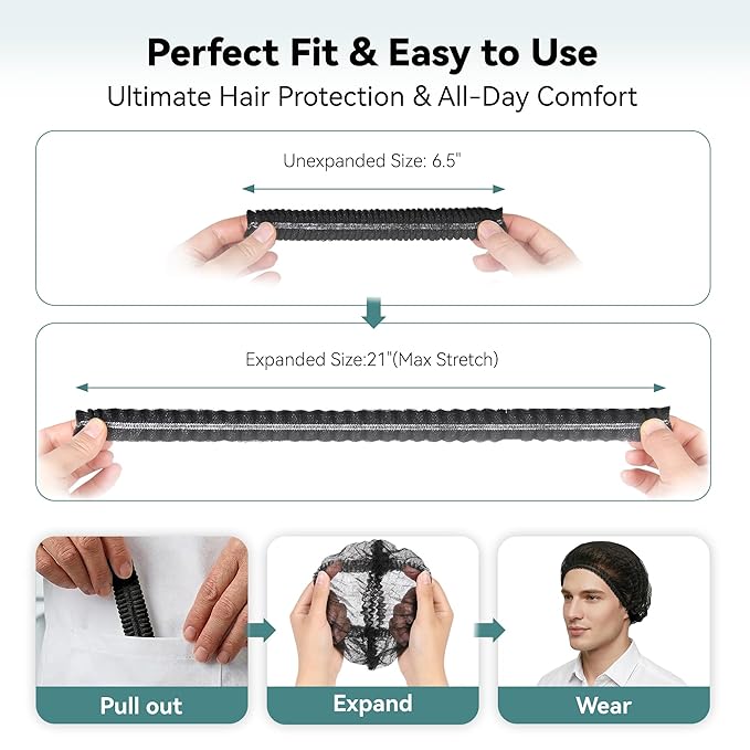 100Pcs Hair Nets for Women & Men -Hair Nets for Food Service Workers,Disposable Bouffant Caps for Women & Men, Elastic 21 Inch Non-Woven Head Covers for Kitchen, Cooking & SPA (Black)
