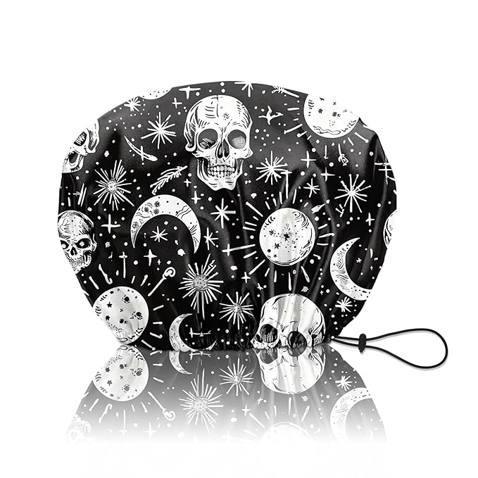 Shower Cap Reusable Double Layer Adjustable Elastic Waterproof EVA Hair Bath Caps for Women Girls Cute Aesthetic-Skull