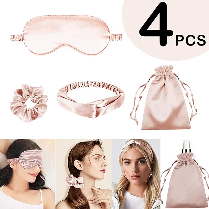 4Pcs Silk Sleep Masks Satin Eye Mask Silky Eyes Cover Blindfold Eyeshade Headband Scrunchies Pouch Bags Bridesmaid Gifts
