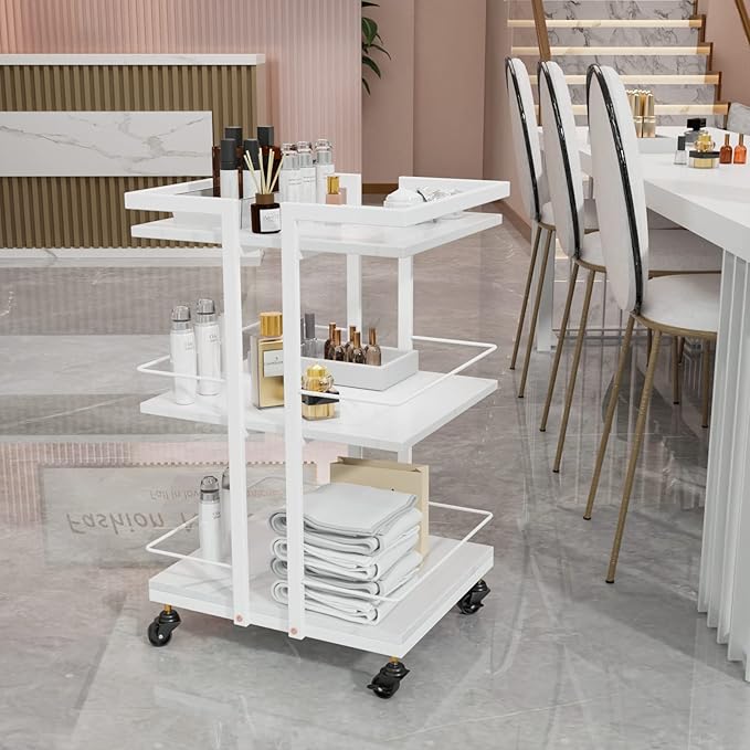 Esthetician Cart with Wheels Utility Salon Rolling Trolley, White Mobile Storage Organizer for Beauty Spa Cosmetology Massage, Tattoo Manicure Facial Tool Holder Station