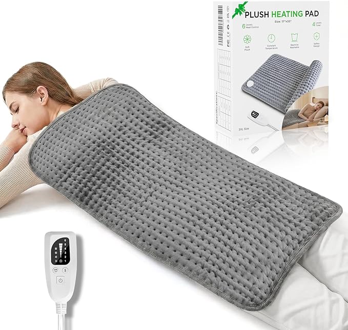 Heating Pad for Back Neck and Shoulders, 17”×33” Large Heated Pad with 4 Level Timing, 6 Level Heat Setting and Auto Shut Off, Gifts for Women, Men