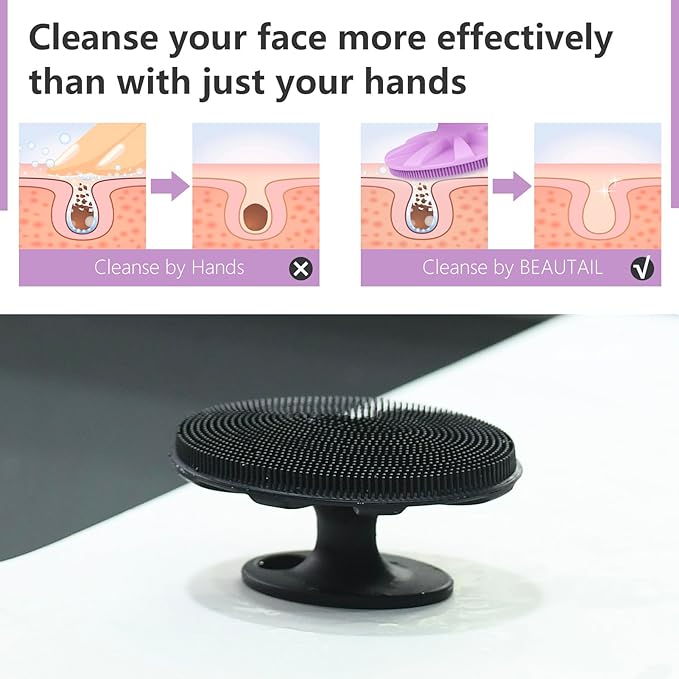 BEAUTAIL Silicone Face Scrubber 2 Pack, Manual Facial Cleansing Brush, Gentle Face Exfoliator for Sensitive Skin, Skin Care Exfoliating Face Brush for Men and Women, Black+Purple