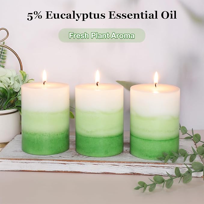Pillar Candles 3x4 Inch Eucalyptus Scented Hand-Poured Layered Green Gradient Candle Long Lasting Clean Burn Candle for Home Scented Relaxation Spa Holiday Dinner Table Rustic Decor, 3 Pack