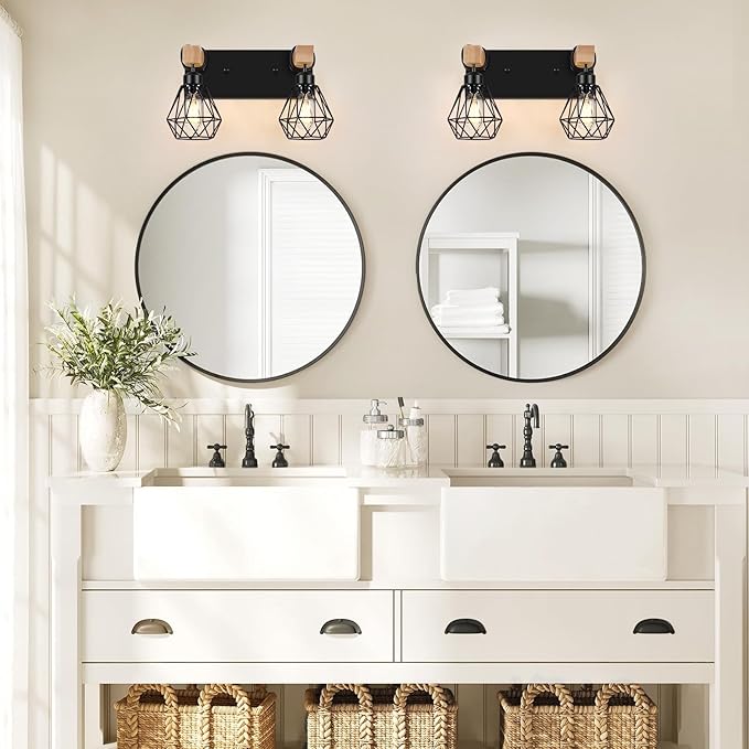 FadimiKoo 2-Light Rustic Style Wood Bathroom Wall Sconce, Farmhouse Vanity Lighting Fixture fopr Bathroom, Industrial Wood Wall Light Over Mirror with Metal Shade, Bulbs Not Included