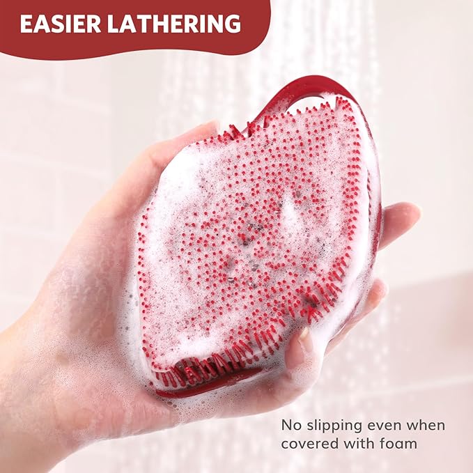 Sndyi Silicone Body Scrubber, Gentle Exfoliating Body Scrubber for Sensitive Skin, Leaf Shaped Shower Scrubber for Body with Lathering Bristles, Silicone Loofah Body Brush for Showering, Red