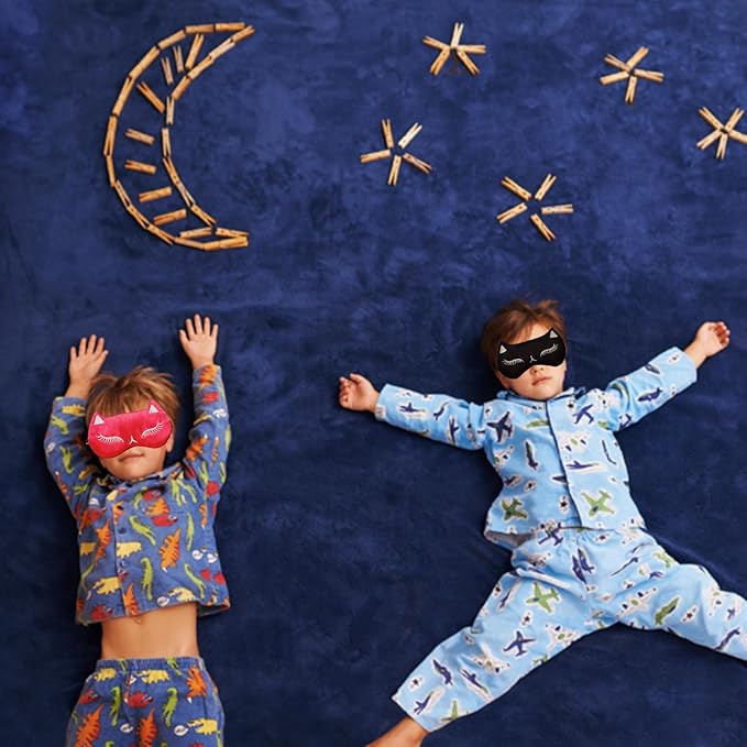 Cute Cat Sleep Mask for Kids (Red&Black), 2 Pack Silk Sleeping Eye Cover Adjustable Mask Night Eyeshade Cover for Girls Boys Women Men Sleep Travel Party