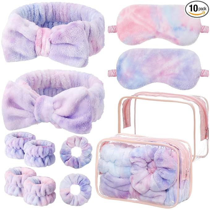 Hoteam 10 Pcs Spa Party Supplies Gift for Mother's Day Sleepover Party Favor Spa Headband Wristband Sleep Eye Mask Velvet Scrunchies for Skin Care Makeup Slumber Night Favor(Tie Dye)