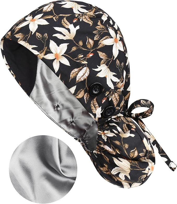 Satin Lined Scrub Caps with Buttons & Sweathand, Surgical Caps for Women