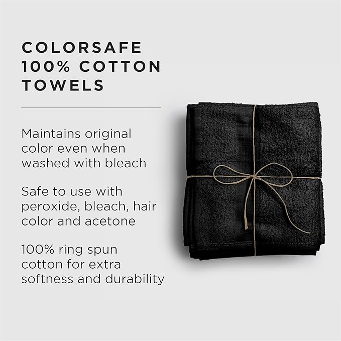 Fromm ColorSafe 100% Cotton Bleach Proof Salon Hair Towels for Hairstylists, Barbers, & Spa, 16" by 29", Absorbent Stain Resistant Towels for Drying All Hair Types, Color Safe Towels, Black 12-Pack