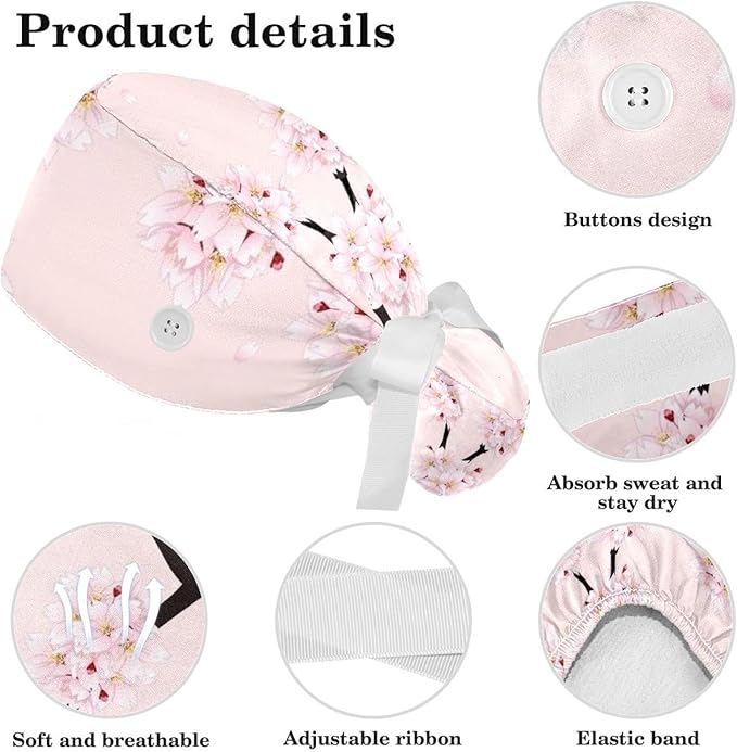 Ethnic Aztec Pattern Adjustable Scrub Cap Hat with Button, Working Hat Sweatband with Bow Hair Scrunchy for Woman