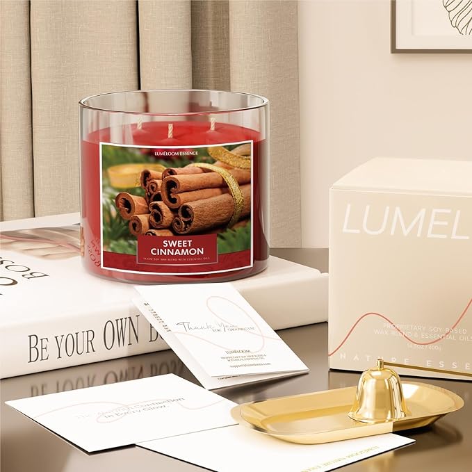 LUMELOOM Cinnamon Candles, 14.5oz, Large 3-Wick Soy Wax Candles for Home Scented, Sweet Cinnamon, Apple, Clove Scent, Mothers Day, Holiday Gifts for Women, Men, Friend, Teacher, Long Burning Time