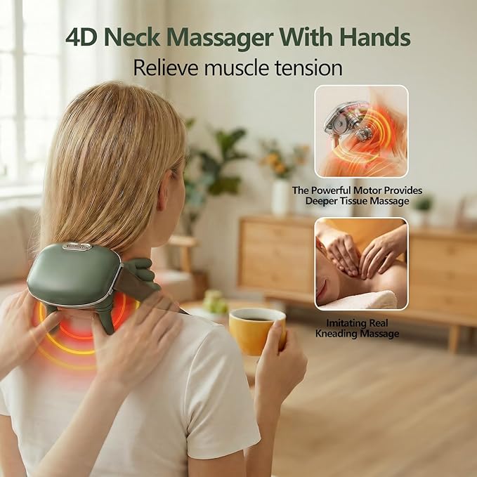 Neck Massager with Heat, 4D Bionic Finger Neck and Shoulder Massager, Hands-Free Cordless Deep Tissue Kneading Massager for Muscle Relaxation, Gifts for Women Men, Green