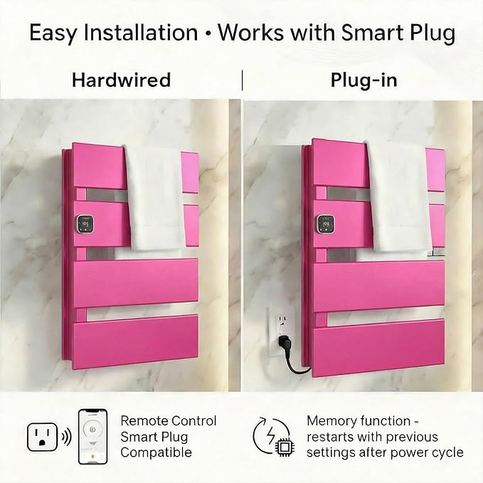 Electric Towel Warmer, Heated Towel Rack with Thermo Control and Timer, Fast Heating Towel Rail for Bathroom with Memroy Function, Work with Smart Plug, Left-Wiring, 4 Panel, Pink