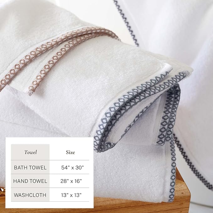 Great Bay Home Black/White Bath Towel Set - Ultra-Soft Cotton, Boho-Chic Border Design - 2 Bath Towels, 2 Hand Towels, 2 Washcloths - Absorbent, Quick-Dry, Lightweight Bathroom Towels