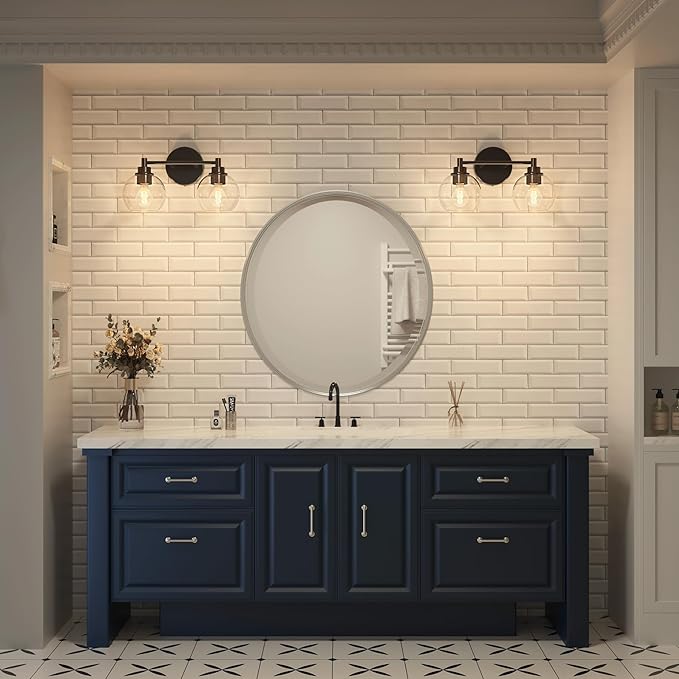VONLUCE Bathroom Light Fixtures, 2-Light Bathroom Vanity Light with Globe Glass Shades E26 Sockets, Vanity Lights for Bedroom Hallway Living Room, Black Finish