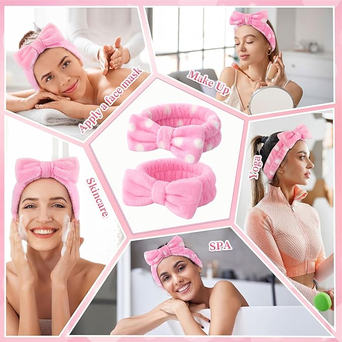 50 Pcs Pink Spa Headband Bulk Spa Sleepover Party Supplies for Washing Face with Removable Bow Makeup Elastic Bowknot Headband for Women Gifts Skincare Microfiber Hairband (Classic Style)