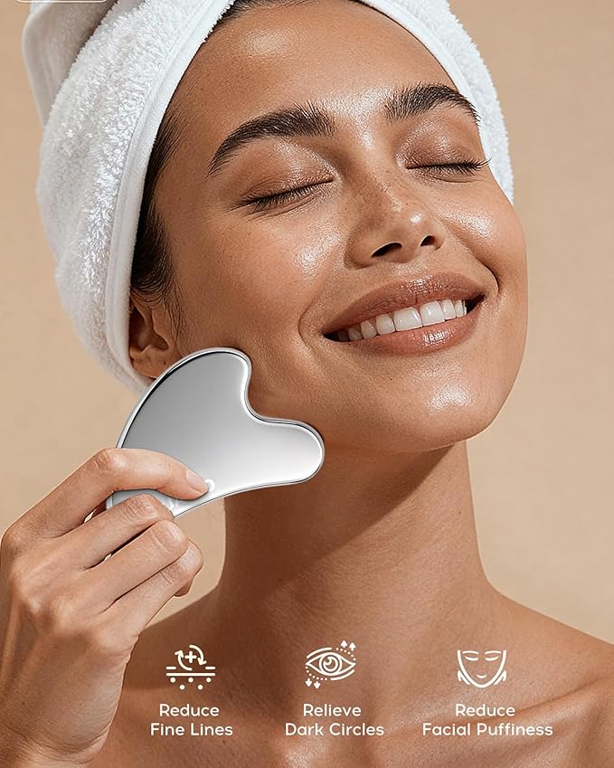 Coralogo Stainless Steel Gua Sha Tools - 4pc Skin Care Tools Set with Gua Sha Oil, Soap, Muscle Scraper for Face Massaging Body Relaxing, Self Care Gift for Her Birthday Mother's Day