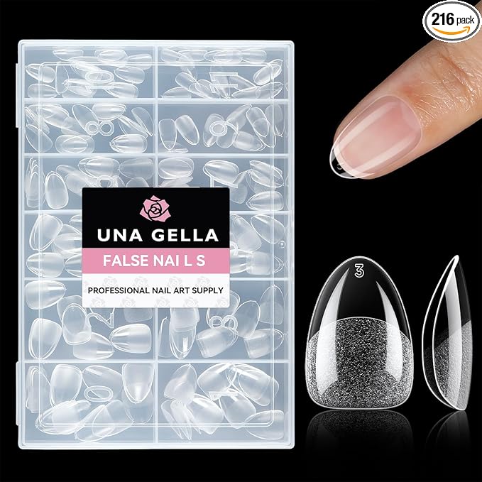 UNA GELLA Extra Short Almond Nail Tips Full Cover 216PCS Gel Nail Tips Short Almond Shaped Nails Tips Soft Gelly Gel Clear Fake Nails Tip for Acrylic Nail Tip Soak Off Home DIY Salon Nails 12 Sizes
