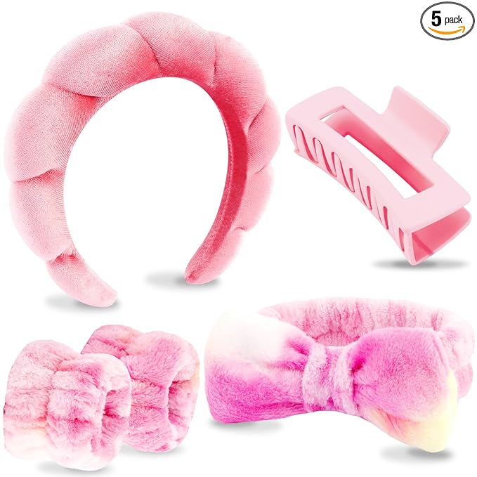 VELSCRUN Spa Headband, Makeup Face Wash Skincare Headbands, 5 Pcs Pink Colorful Sponge Bow Tie Get Ready HairBand Facial Wristband Hair Clips Set, Stuff for Teen Girls Women Trendy Hair Accessories
