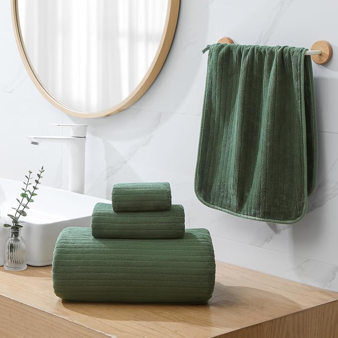 YTYC 39x78 Bath Sheets Extra Large Bath Towels Set for Adults Super Soft Absorbent Striped Microfiber Oversized Bathroom Towels - Olive Green, 6 PCS