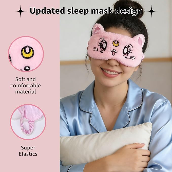 PERFECTSIGHT Sleep Eye Masks, Cute Cat Sleep Eye Cover Lightweight Adjustable Eyeshade Mask Cover for Women Men Sleep Travel Nap, Pink+White Kitty