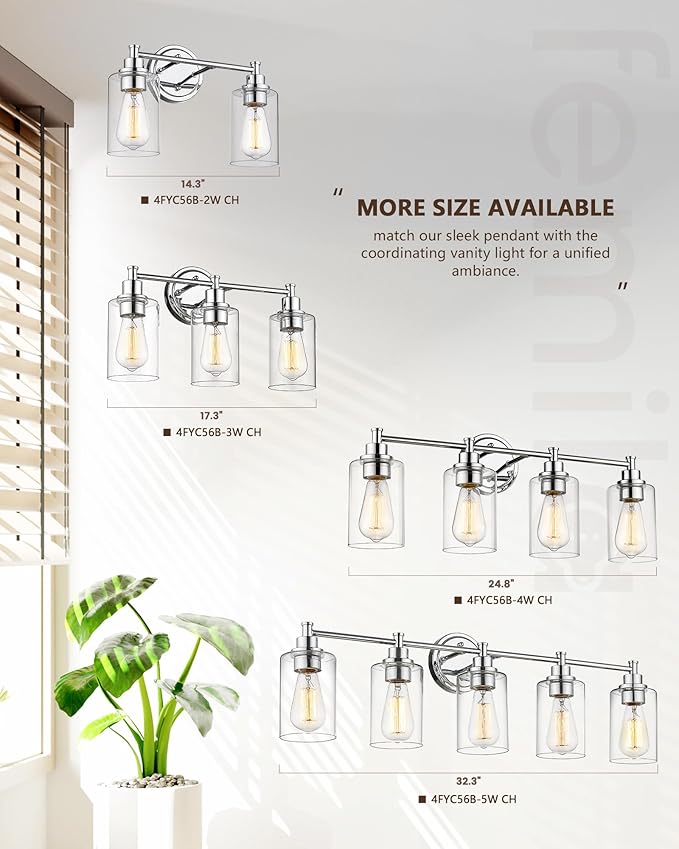 FEMILA Vanity Lighting Fixtures, Modern Bathroom Lights Over Mirror, Wall Lamp with Clear Glass Shade,Chrome Finish,4FYC56B-3W CH