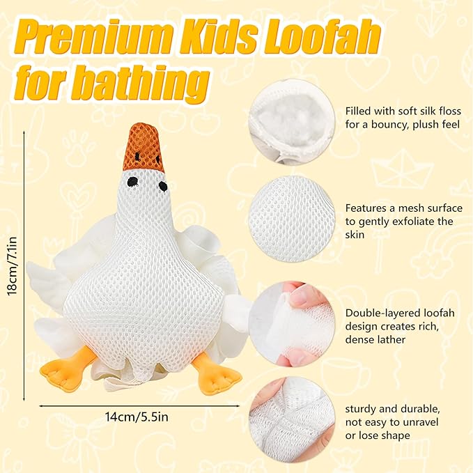 Kids Loofah, Cute Cartoon Animal Kids Bath Sponge with Hanging Rope, Soft Double Mesh for Rich Lather (Big White Goose)