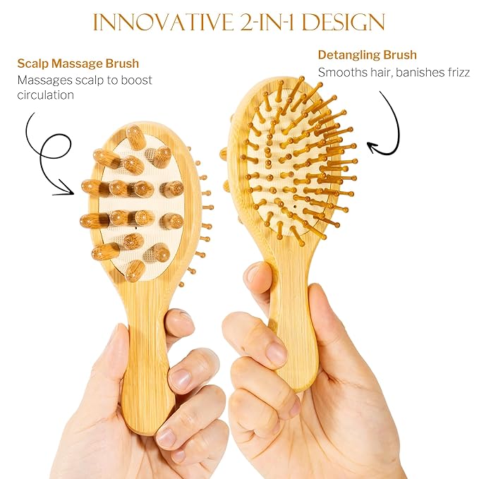 STYLEMATE 2-in-1 Mini Bamboo Hair Brush for Women Kids, Small Scalp Massager Hair Growth, Natural Wooden Detangling Toddler Brush and Massaging Scalp