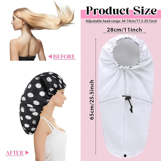 2 Pcs Large Shower Cap for Braids, Extra Long Shower Cap for Women Long Hair & Locs, Waterproof Hair Bonnets for Dreadlocks Drawstring Bath Caps for Women & Men (White, Polka Dots)