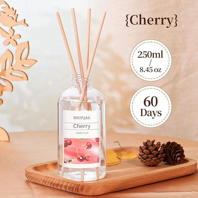 Cherry Diffuser with 10 Fiber Sticks, 6.7 oz Diffusers for Home Essentials Bathroom,Last up to 60 Days（200ml
