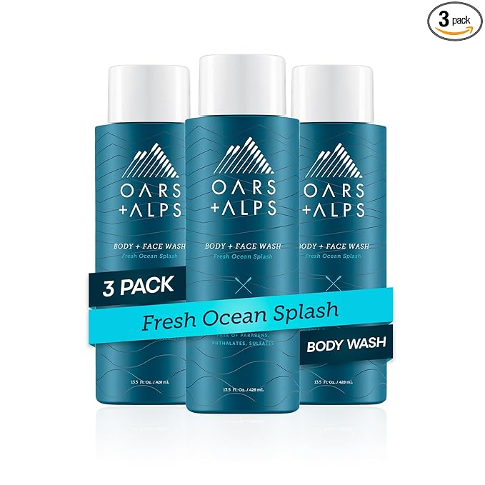 Oars + Alps Men's Moisturizing Face & Body Wash, Body Wash with Vitamin E and Antioxidants, Sulfate Free, Fresh Ocean Splash, 3pk