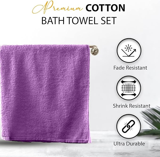 KAHAF COLLECTION 100% Cotton Bath Towels, 24x48 Pack of 6 Towels, Quick Dry, Highly Absorbent, Soft Feel Towel, Gym, Spa, Bathroom, Shower, Pool, Luxury Soft Towels (Light Purple, 24x48-6 Pack)